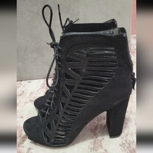 XOXO Bedalia Laser Cutout Lace Up Block Heels
